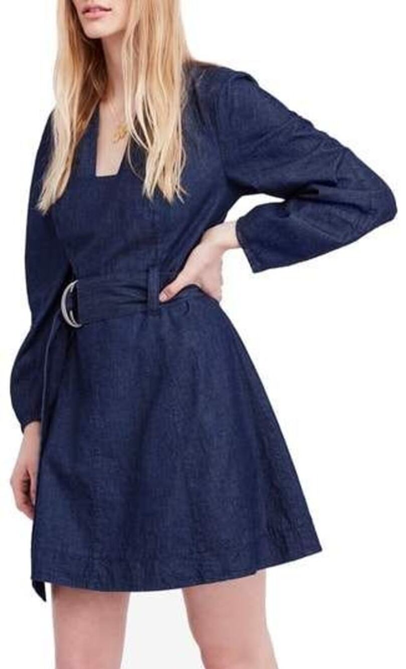 New Free People Karmen Chambray Dress $148 SMALL Deep Sea Wash Boho-Chic